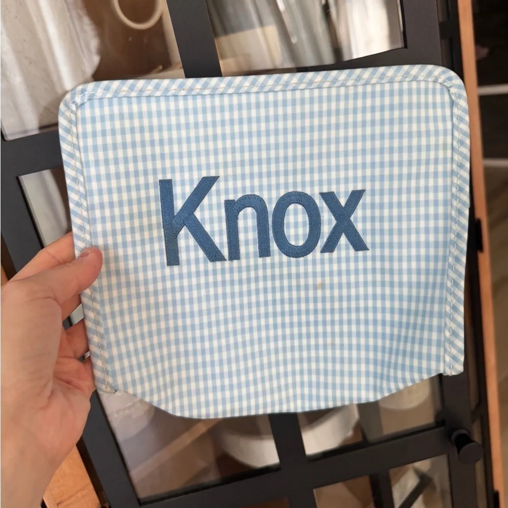 Knox TRVL roading bag embroidered personalized gingham zip up pouch toiletry